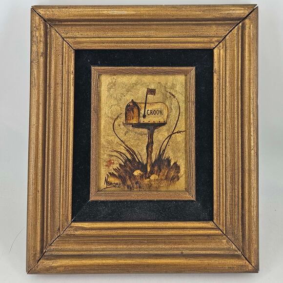 Vintage gold country road mailbox signed painting framed